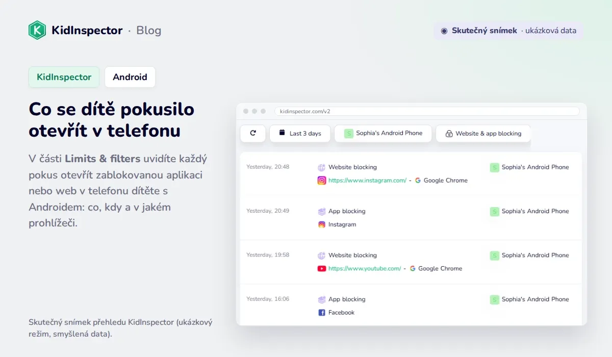 Skutečný snímek přehledu KidInspector: zablokované pokusy otevřít Instagram, YouTube a Facebook v telefonu s Androidem (ukázková data)