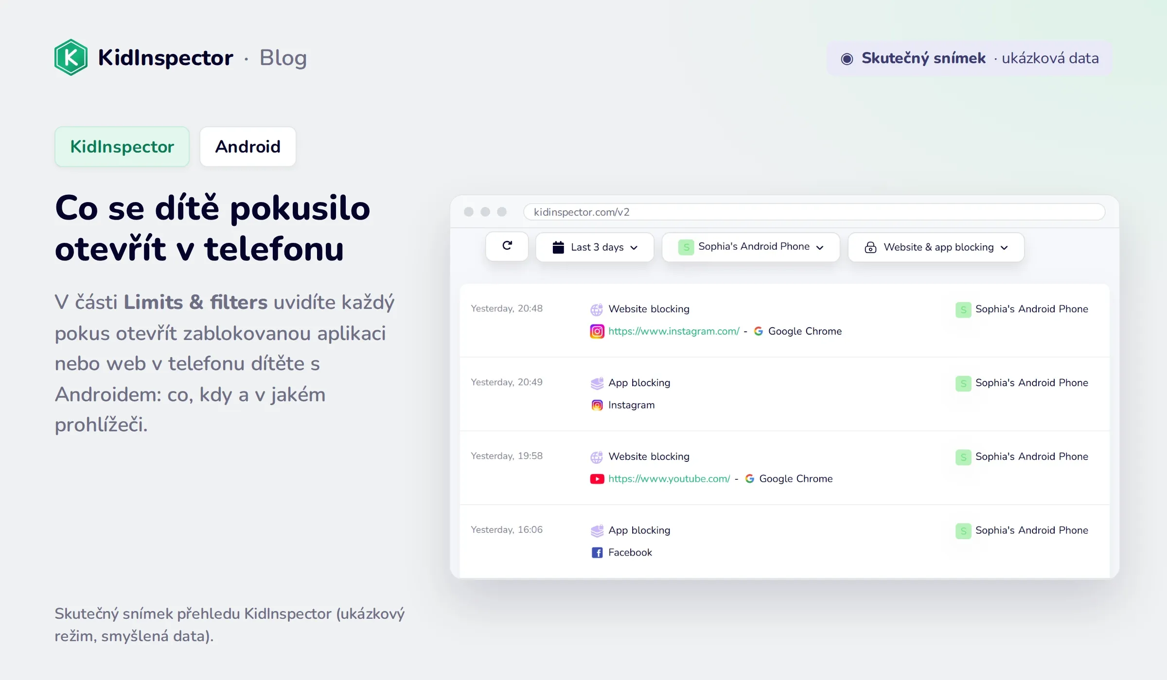 Skutečný snímek přehledu KidInspector: zablokované pokusy otevřít Instagram, YouTube a Facebook v telefonu s Androidem (ukázková data)