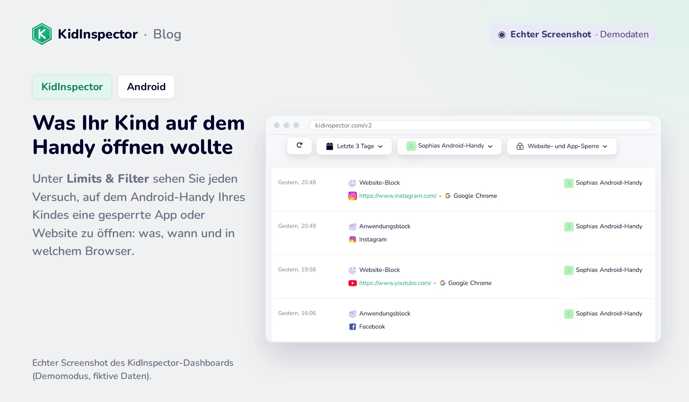 Echter Screenshot des KidInspector-Dashboards: blockierte Versuche, Instagram, YouTube und Facebook auf einem Android-Handy zu öffnen (Demodaten)