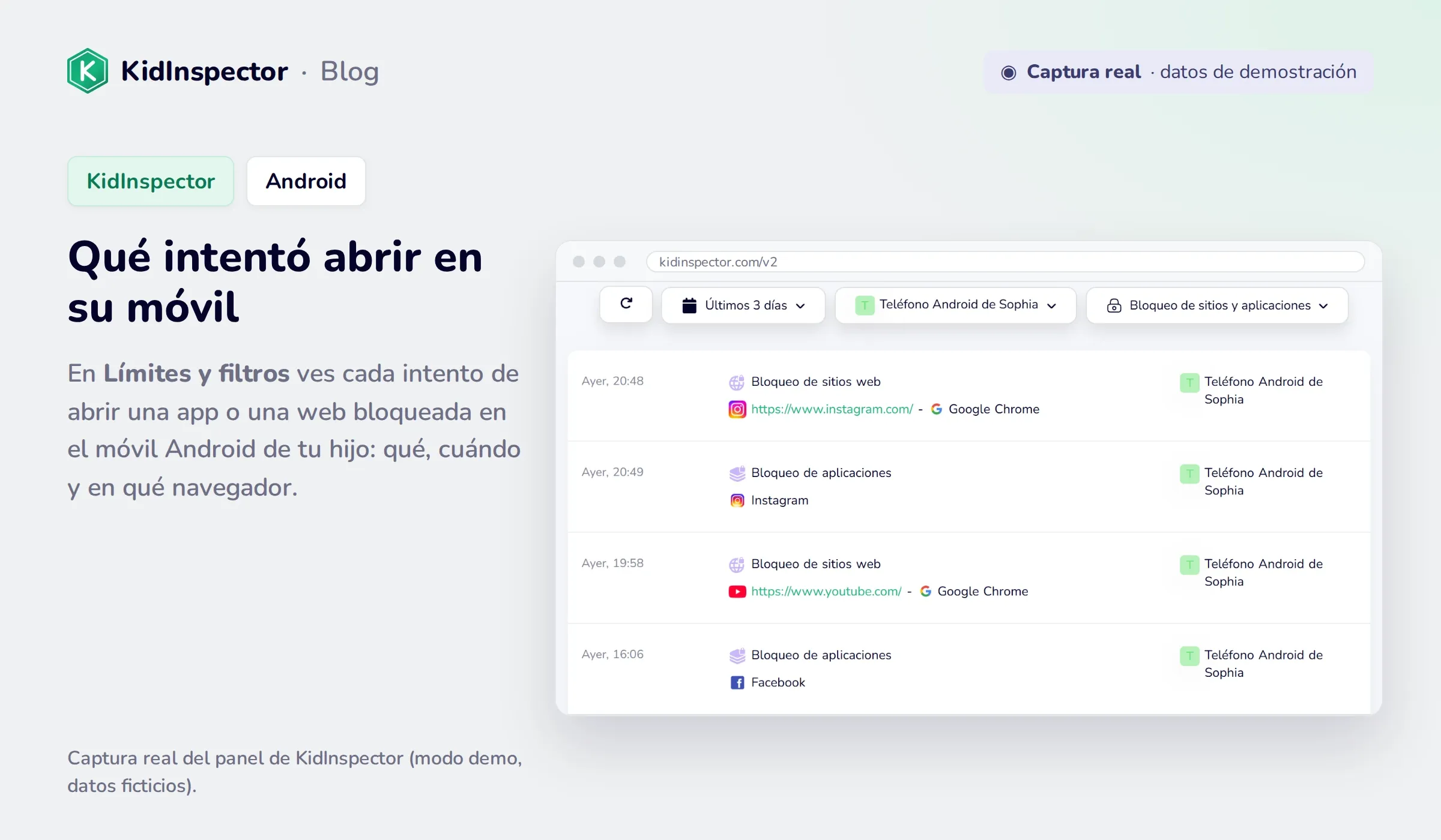 Captura real del panel de KidInspector: intentos de abrir Instagram, YouTube y Facebook bloqueados en un móvil Android (datos de demostración)