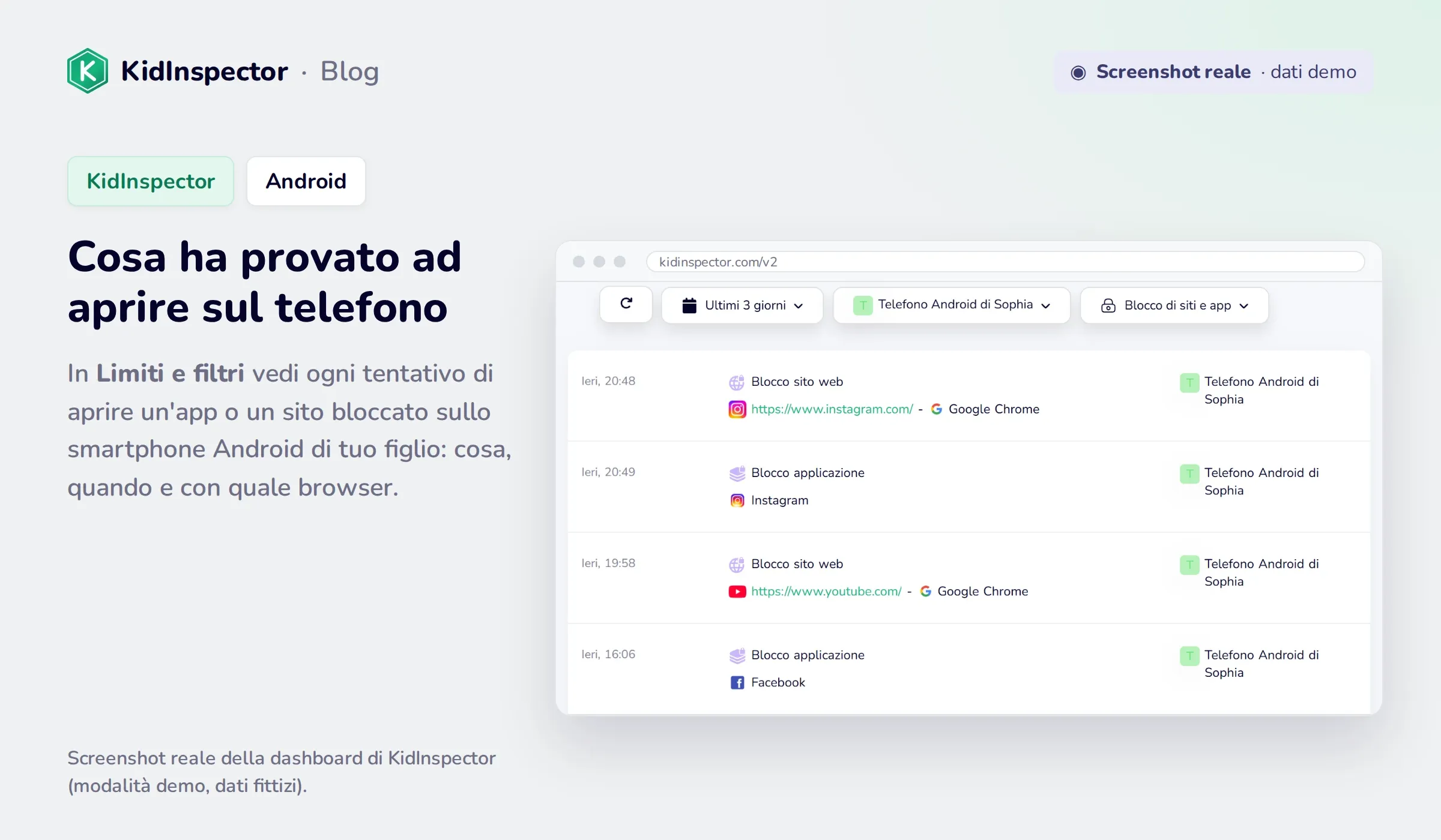 Screenshot reale della dashboard di KidInspector: tentativi di aprire Instagram, YouTube e Facebook bloccati su uno smartphone Android (dati demo)