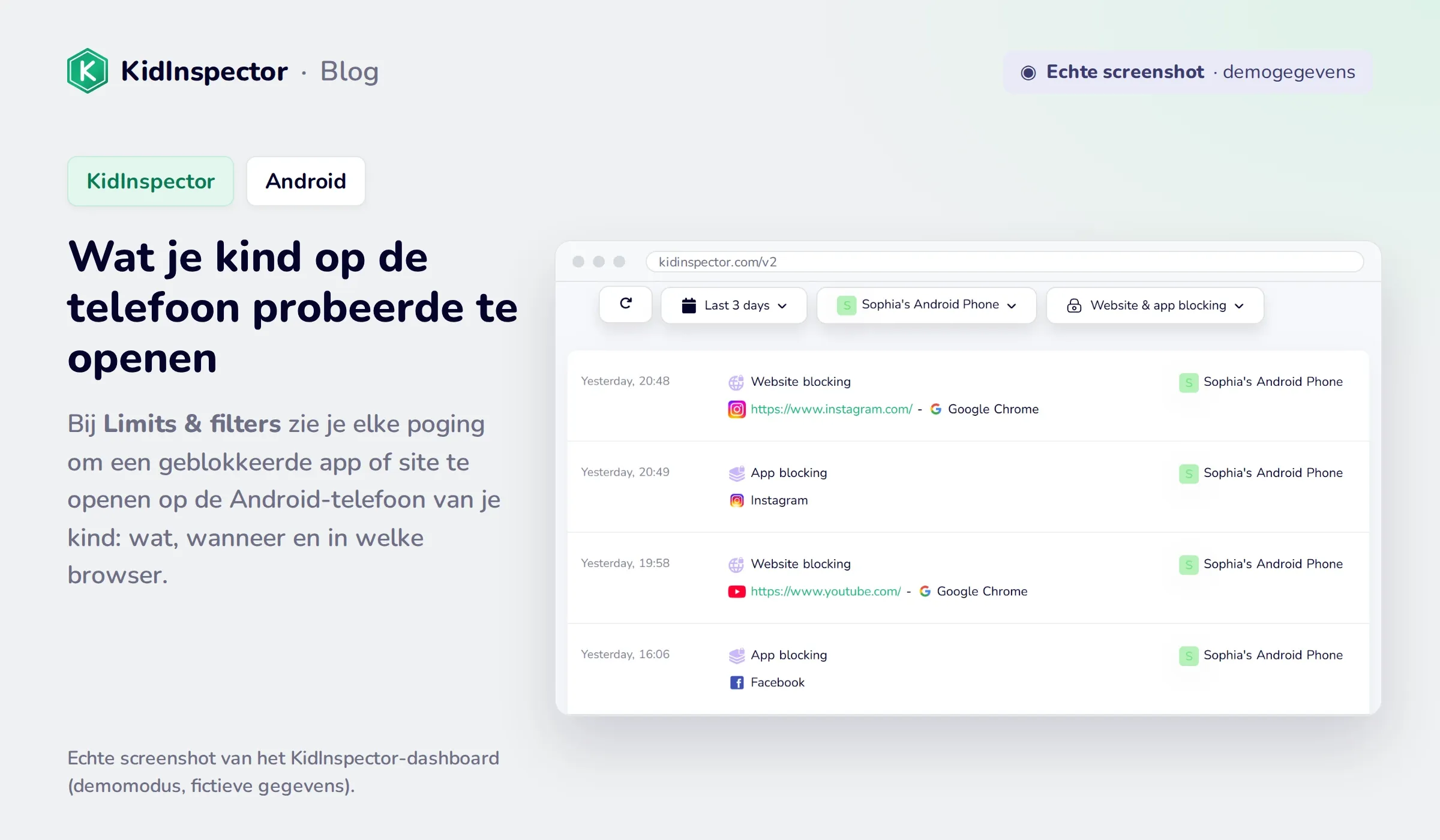 Echte screenshot van het KidInspector-dashboard: geblokkeerde pogingen om Instagram, YouTube en Facebook te openen op een Android-telefoon (demogegevens)