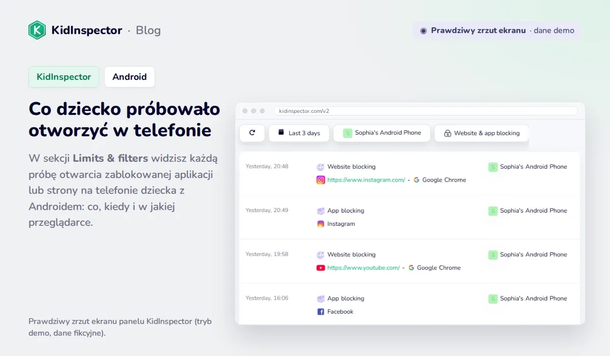 Prawdziwy zrzut ekranu panelu KidInspector: zablokowane próby otwarcia Instagrama, YouTube i Facebooka na telefonie z Androidem (dane demo)
