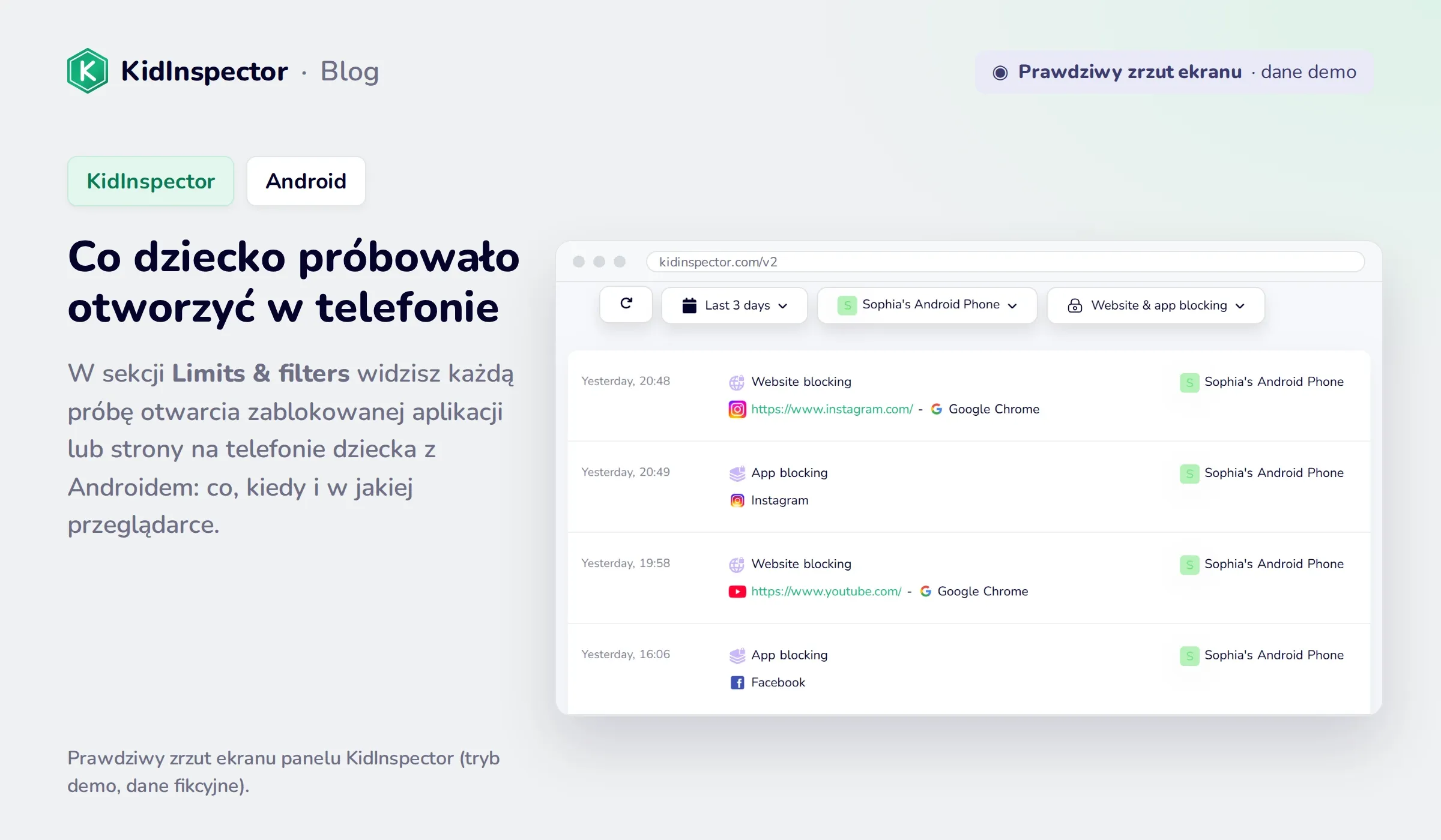 Prawdziwy zrzut ekranu panelu KidInspector: zablokowane próby otwarcia Instagrama, YouTube i Facebooka na telefonie z Androidem (dane demo)