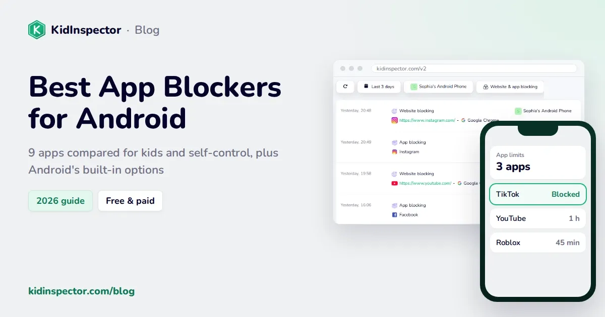 Best app blockers for Android: cover with a real KidInspector block log and a schematic of app limits on a phone