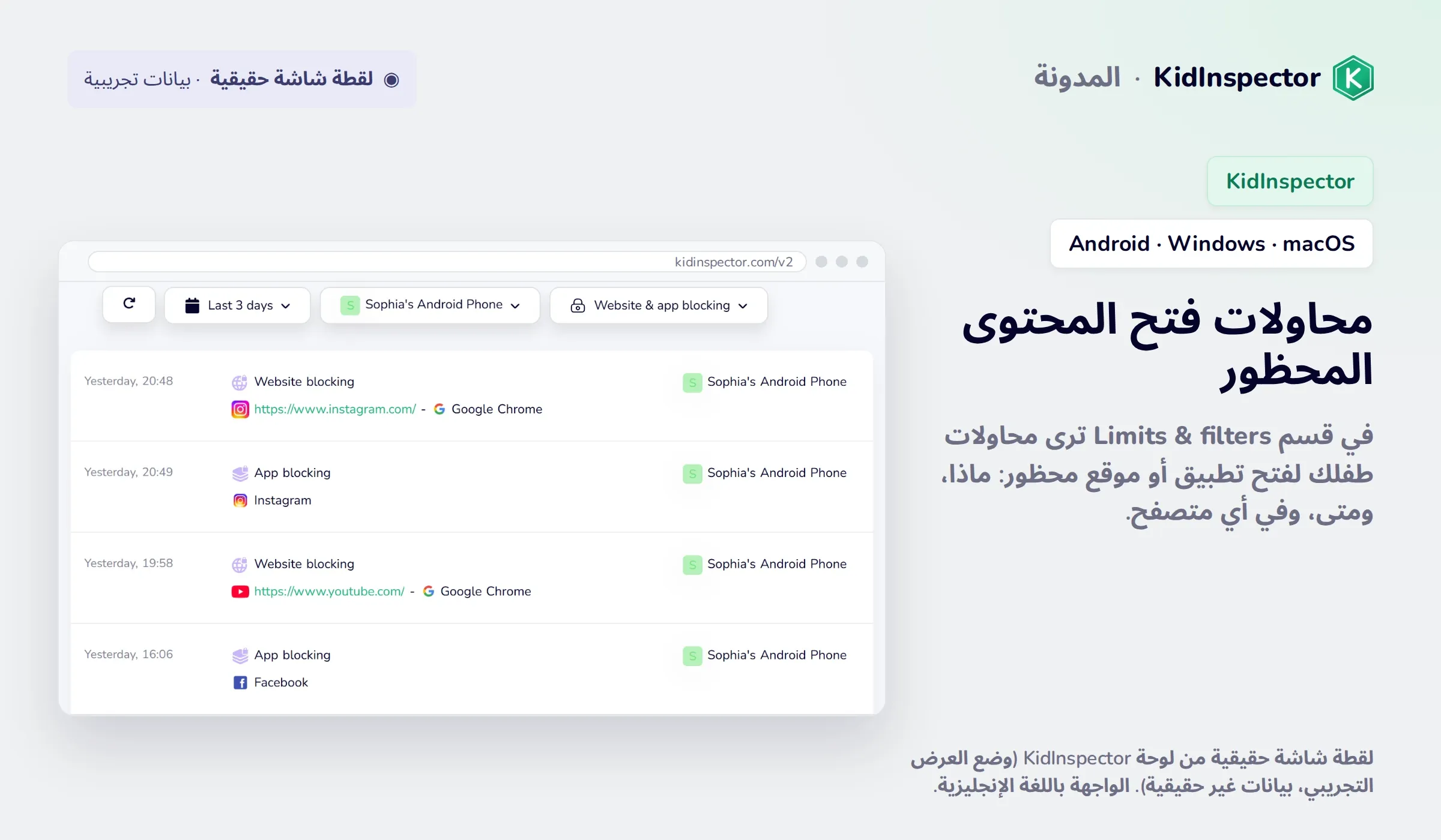 لقطة شاشة حقيقية من لوحة KidInspector: محاولات محظورة لفتح Instagram وYouTube وFacebook على هاتف Android (بيانات تجريبية)