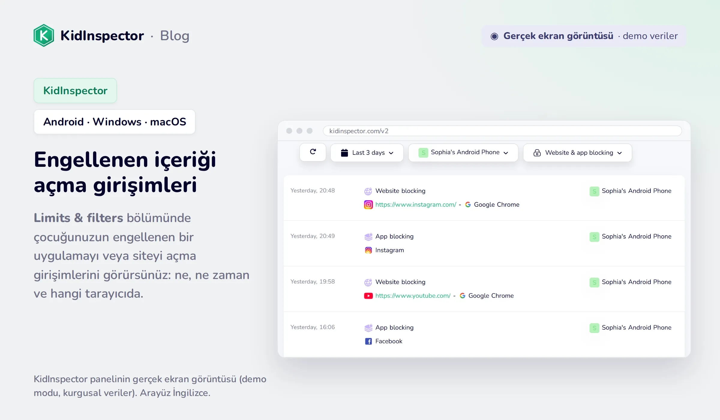 KidInspector panelinin gerçek ekran görüntüsü: Android telefonda engellenen Instagram, YouTube ve Facebook açma girişimleri (demo veriler)
