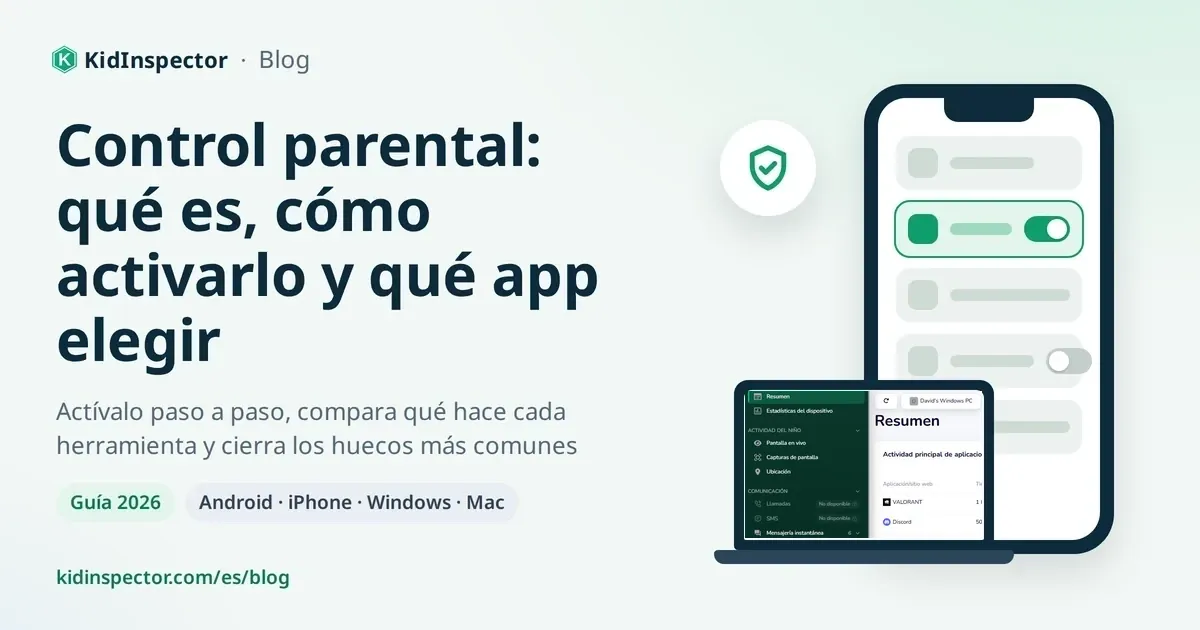 Portada de la guía de control parental: un móvil y un portátil con ajustes y un escudo de protección