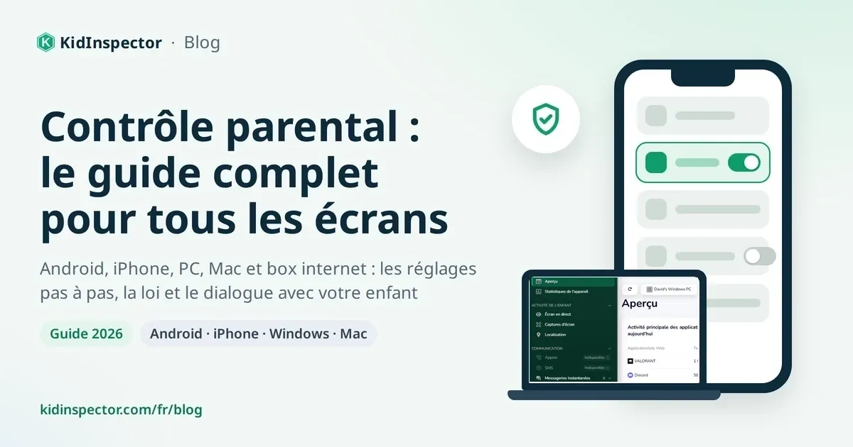 Couverture du guide du contrôle parental : titre, smartphone, ordinateur portable et bouclier de protection