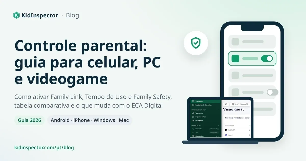 Capa do guia de controle parental para celular, PC e videogame, com ilustração de celular, notebook e escudo