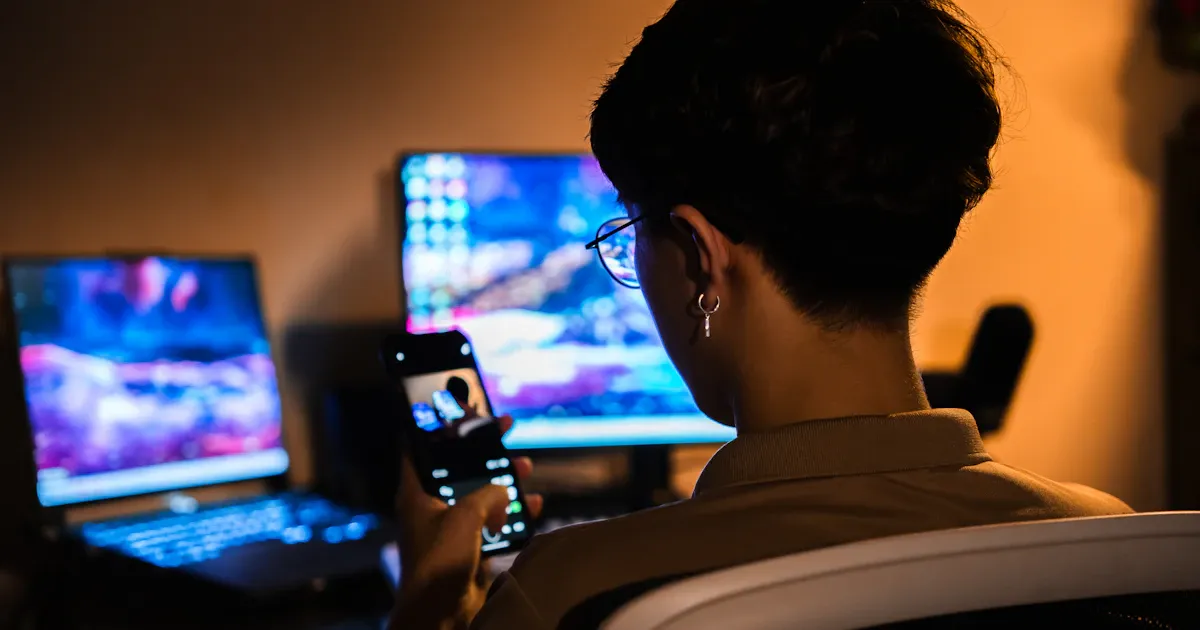 Ein Jugendlicher mit Brille schaut im dunklen Zimmer aufs Handy, vor ihm Laptop und Monitor mit einem Spiel