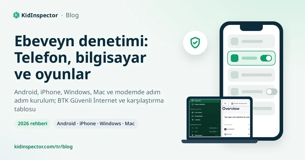 Ebeveyn denetimi rehberinin kapağı: başlık, telefon ve dizüstü bilgisayar çizimi ile kalkan simgesi