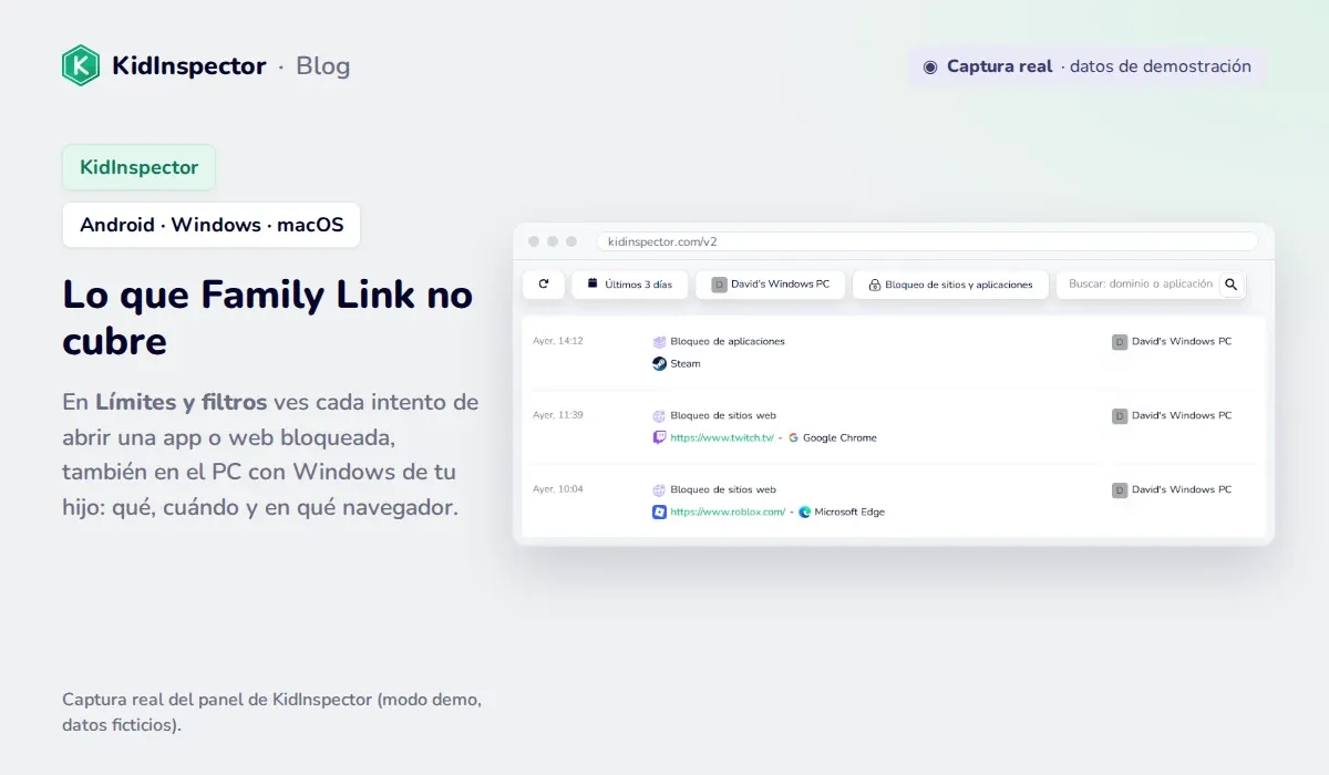 Captura real del panel de KidInspector: intentos de abrir Steam, twitch.tv y roblox.com bloqueados en un PC con Windows (datos de demostración)