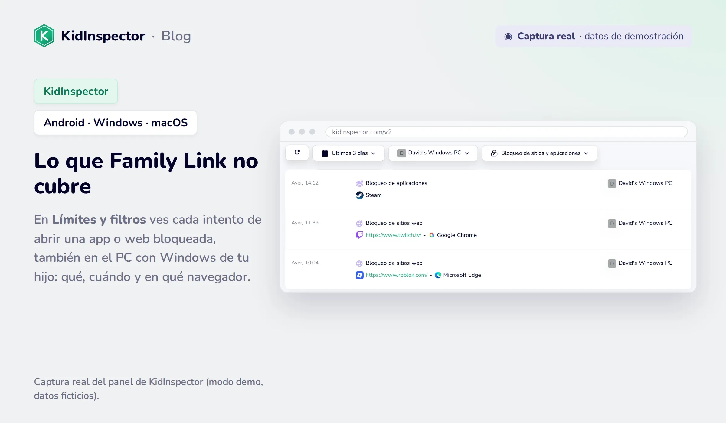Captura real del panel de KidInspector: intentos de abrir Steam, twitch.tv y roblox.com bloqueados en un PC con Windows (datos de demostración)