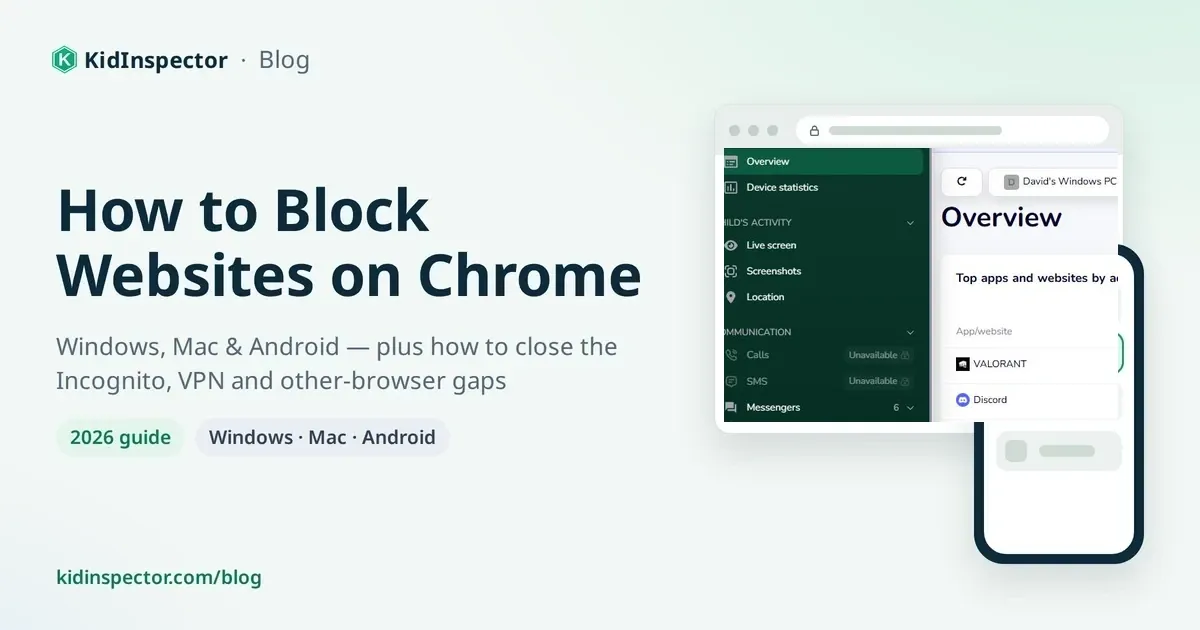 How to block websites on Chrome: cover with a browser showing a blocked page next to an Android phone