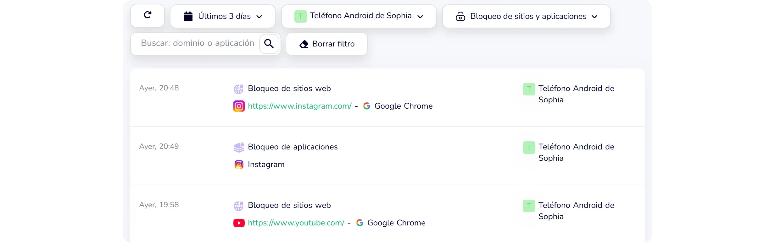 Panel de demo de KidInspector: lista de apps y sitios web bloqueados que el niño intentó abrir, con la hora y el dispositivo (datos de demostración)