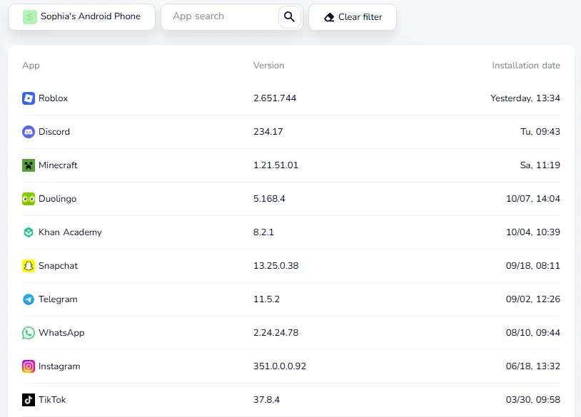 Real screenshot of the KidInspector demo dashboard: apps installed on a child’s Android phone with version and installation date (demo data)
