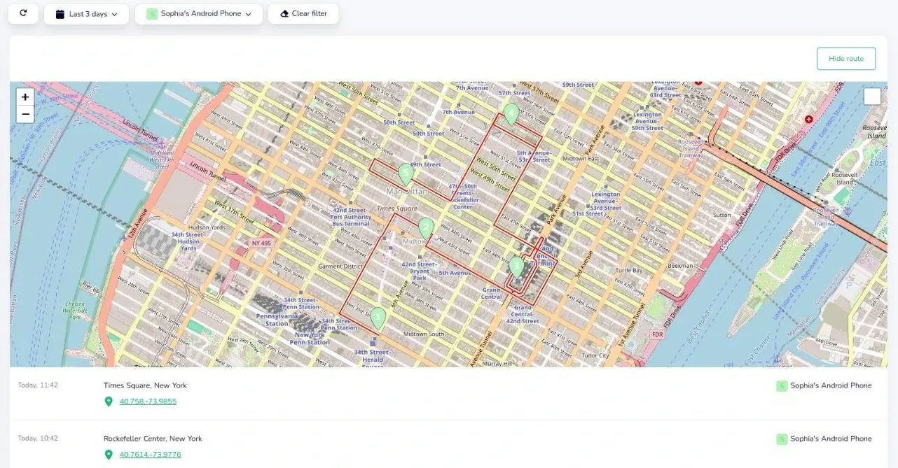 Real screenshot of the KidInspector demo dashboard: location history of a child's Android phone shown as a route on a map (demo data)