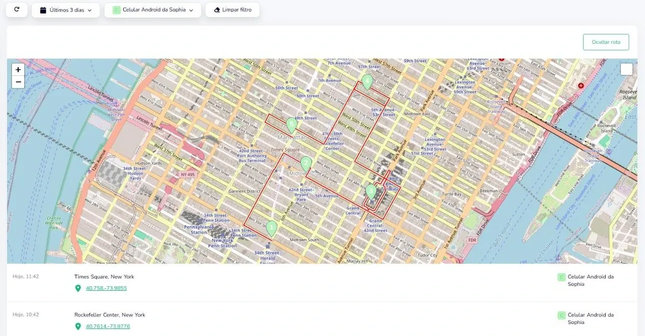 Captura de tela real do painel de demonstração do KidInspector: histórico de localização do celular Android de uma criança exibido como trajeto no mapa (dados de demonstração)