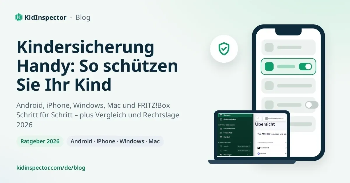 Kindersicherung Handy: Titelgrafik mit Smartphone, Laptop und Schutzschild-Symbol