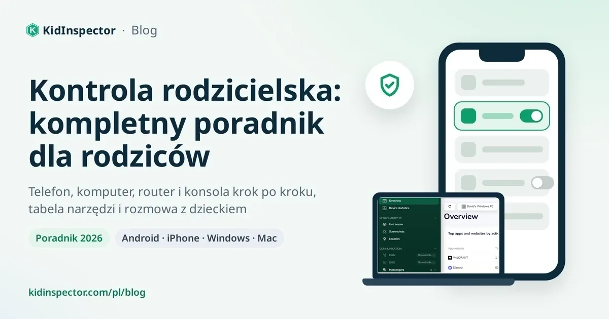 Okładka: kontrola rodzicielska – kompletny poradnik dla rodziców, obok ilustracja telefonu i laptopa z ikoną tarczy