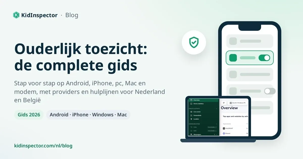 Omslag van de gids over ouderlijk toezicht: de titel naast een illustratie van een telefoon, een laptop en een schild