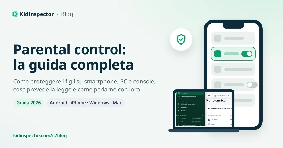 Copertina della guida al parental control con il titolo, uno smartphone, un portatile e uno scudo